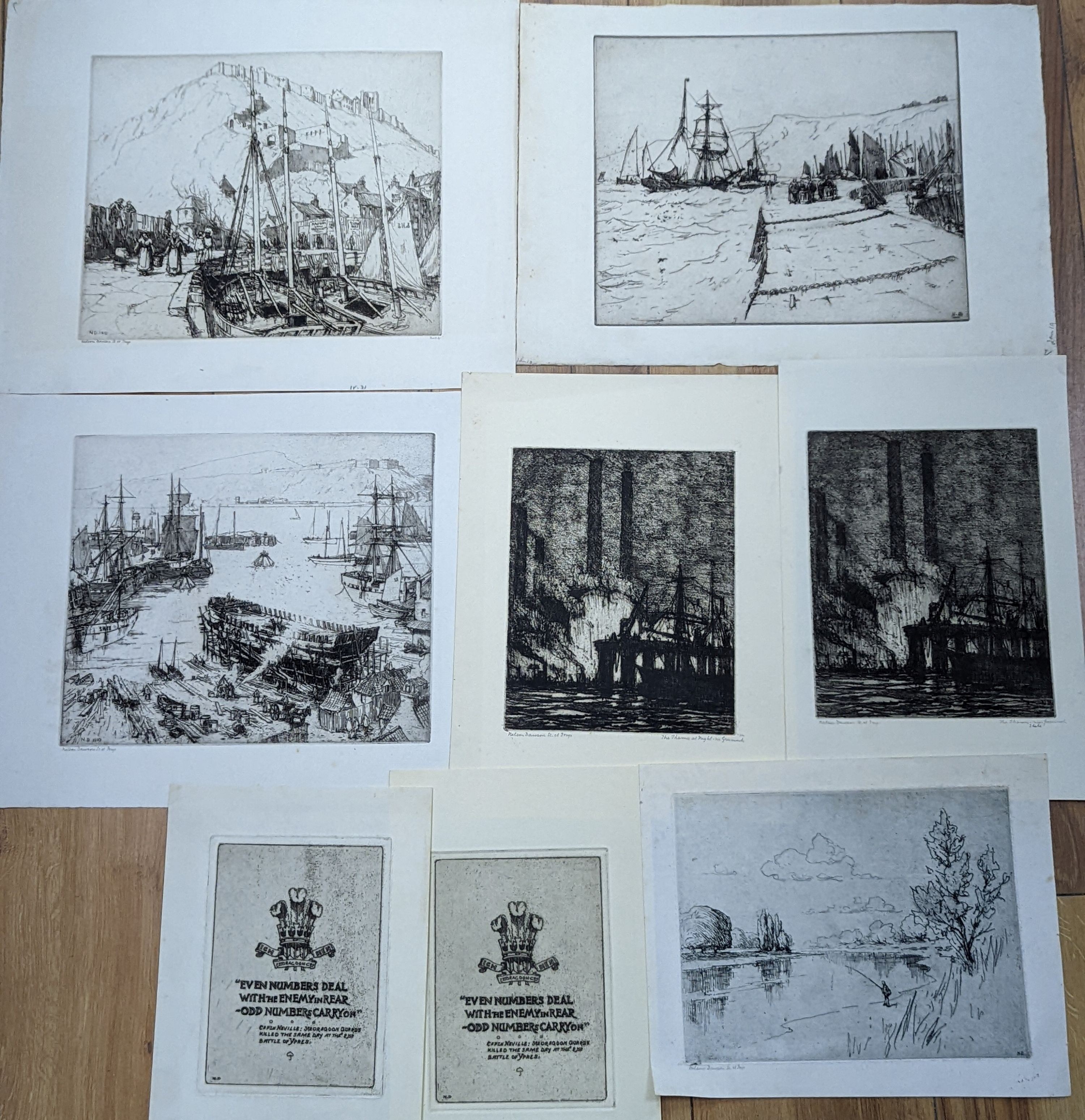 Nelson Dawson (1859-1941) eight unframed etchings